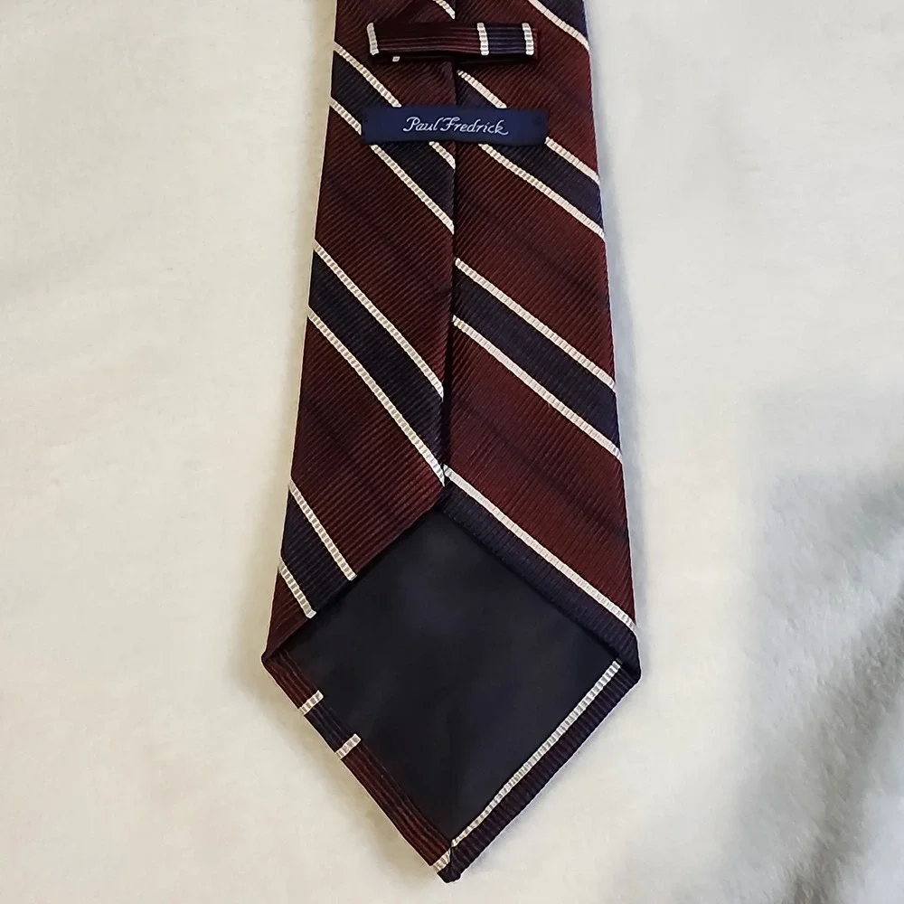 Paul Fredrick Rep Tie Men Classic Burgundy Navy Stripe Italian Silk Made In USA